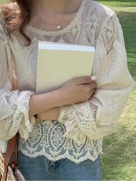 Tops - Lace Crochet Sheer Blouse - Cream